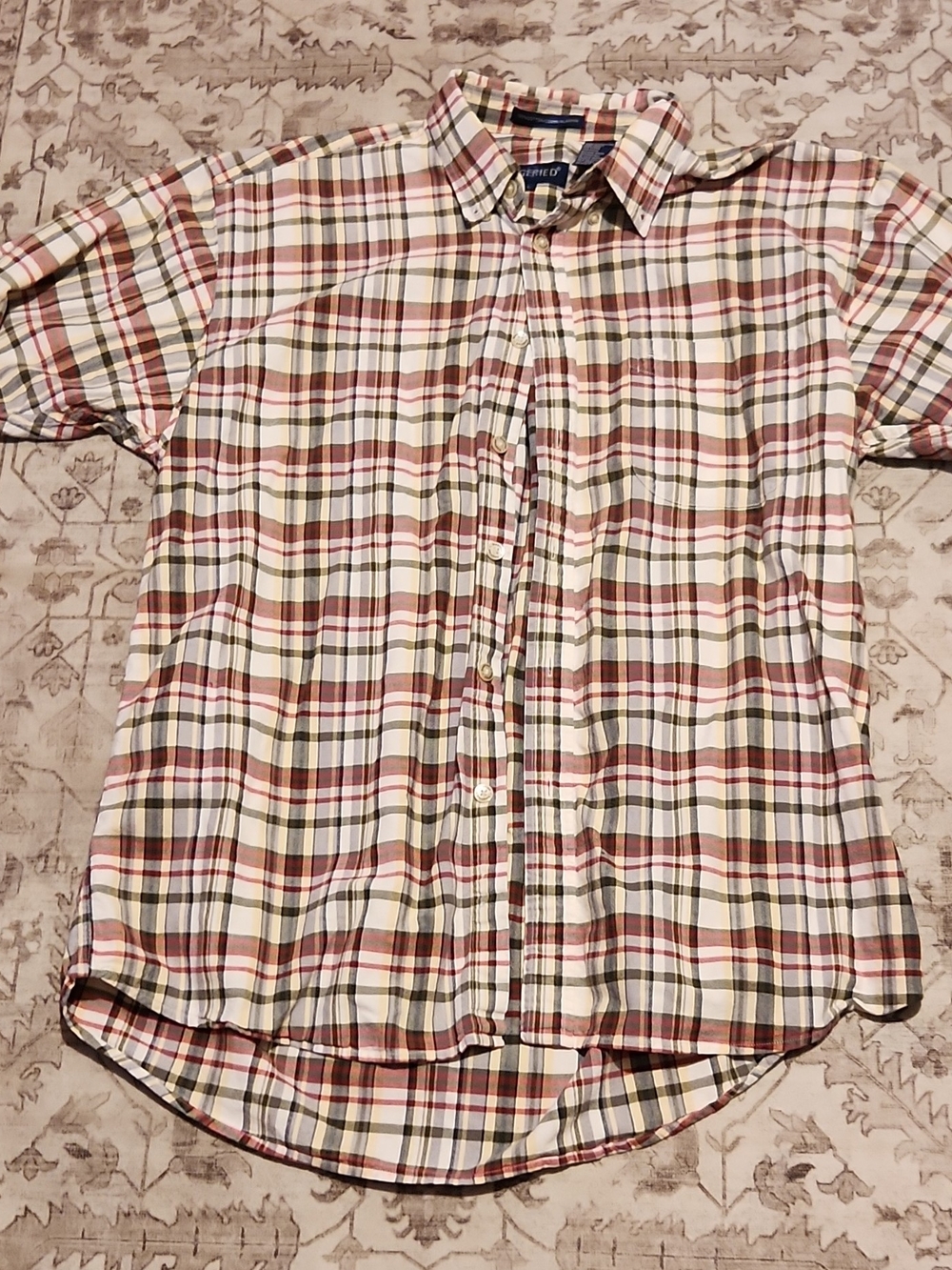 Short-Sleeve Plaid Button-Down Shirt in Cream & Red - Men's